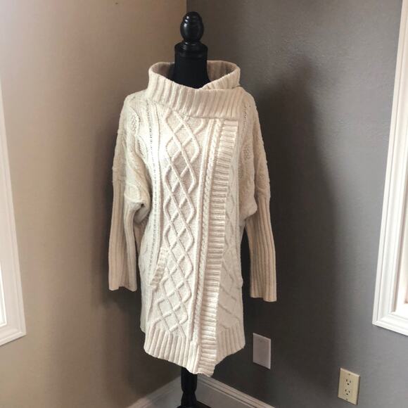 PRANA Cream Cable Knit Cowl Neck Snap Front Cardigan, M - Picture 1 of 6